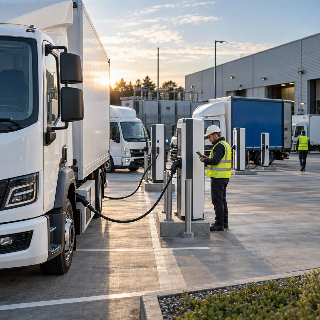 Electric delivery trucks charging at a commercial fleet depot