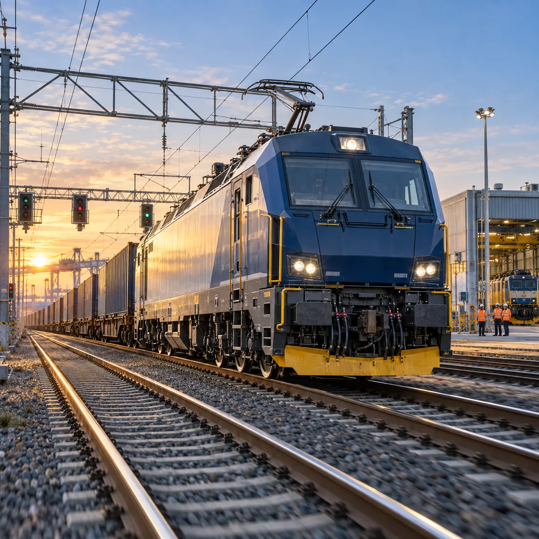 Electric freight locomotive departing a rail yard at sunset