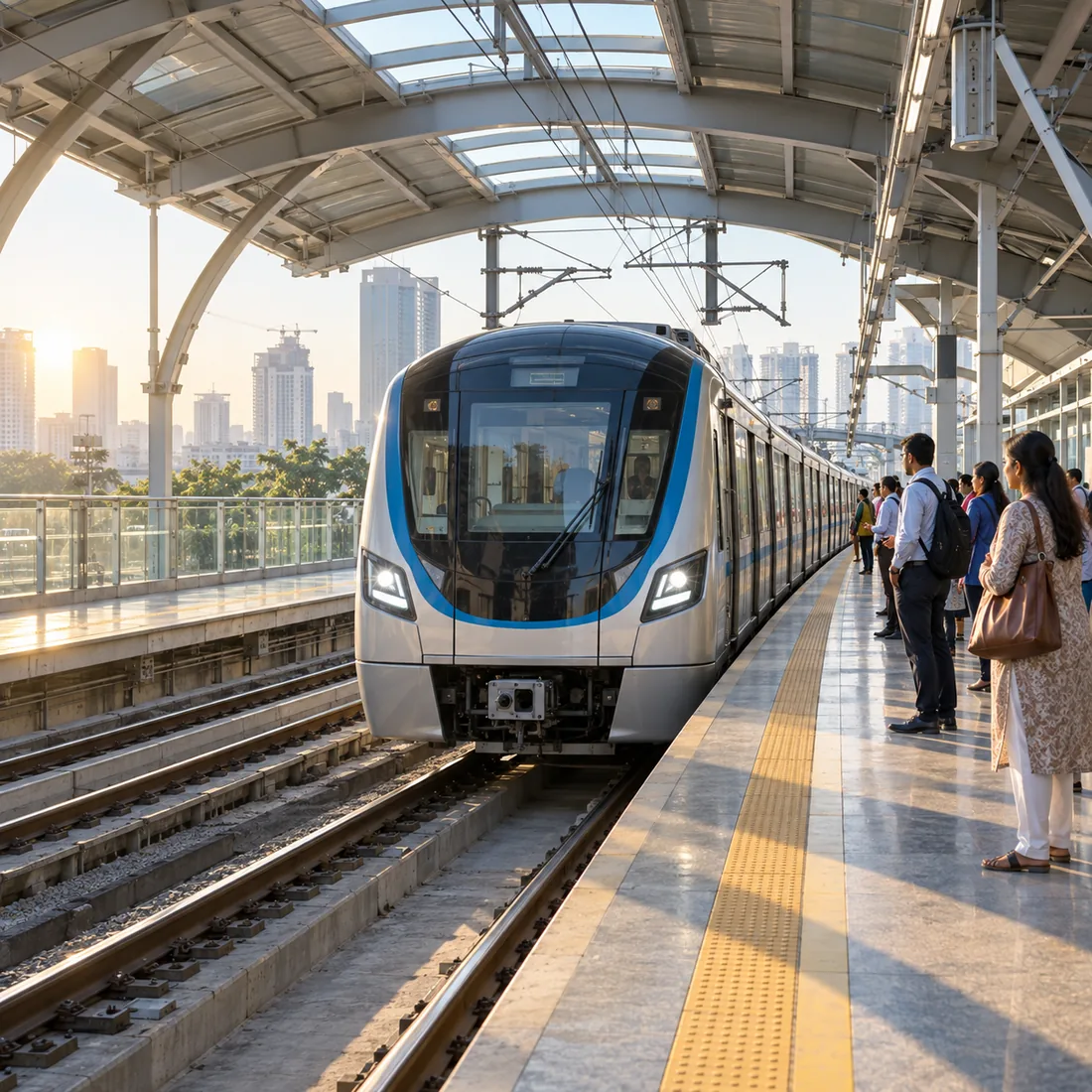 Metro train arriving at an elevated station platform with waiting passengers